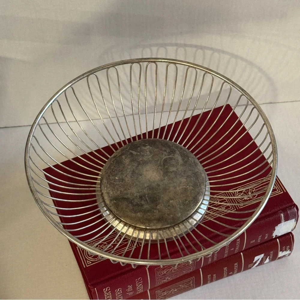 Vintage Silver Plated on Steel Wire Fruit Basket Mid-century Modern Cottagecore
